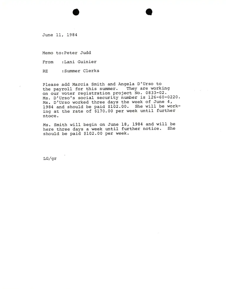 Memo from Lani Guinier to Peter Judd RE: Summer Clerks preview