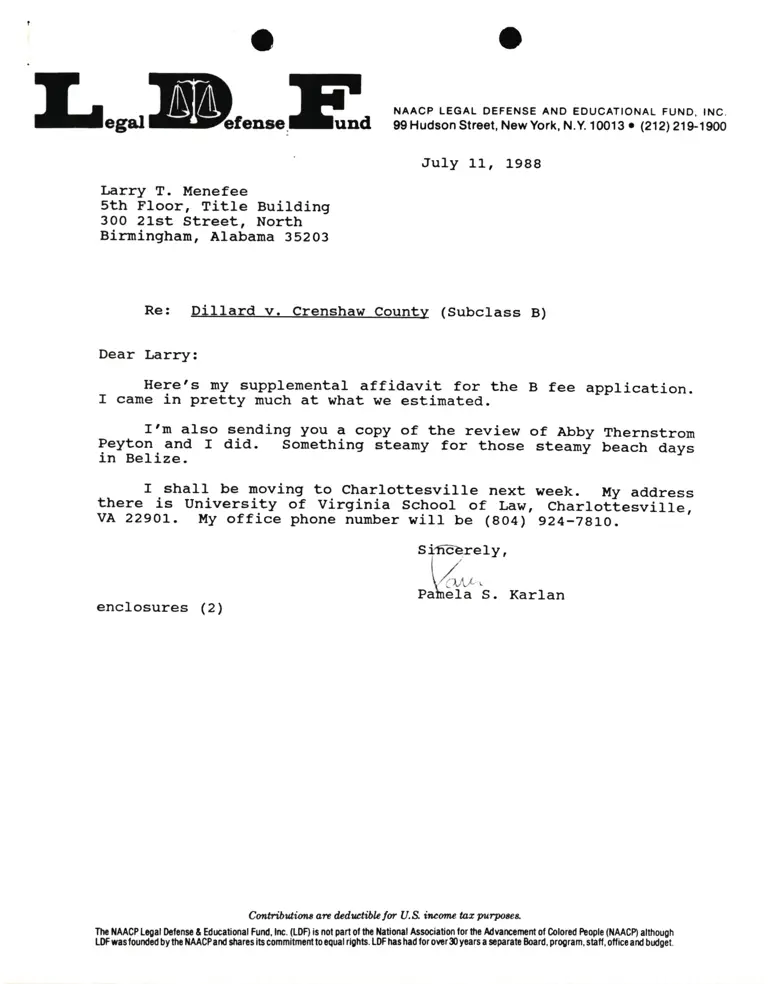 Correspondence from Pamela Karlan to Larry T. Menefee; Dillard v. Crenshaw County Affidavit of Pamela Karlan and Appendix of Working Hours preview