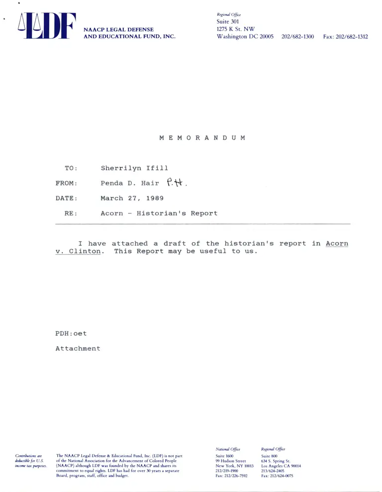 Memorandum from Hair to Ifill; Historian's Report in Connection with Acorn v. Clinton preview