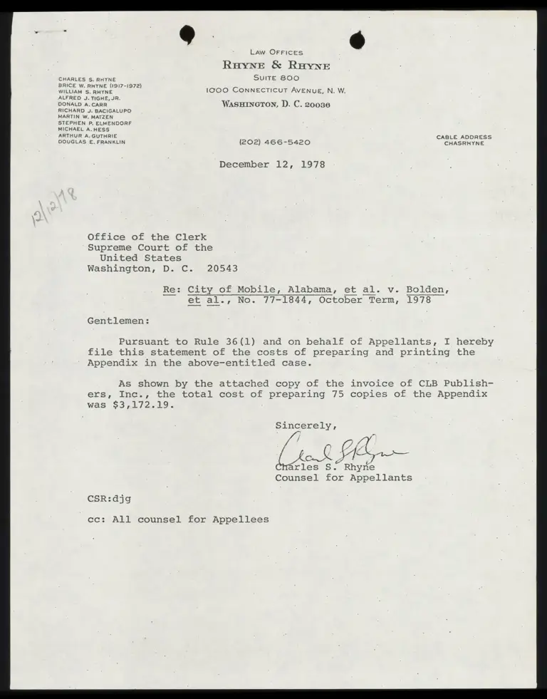 Correspondence from Rhyne to Clerk preview