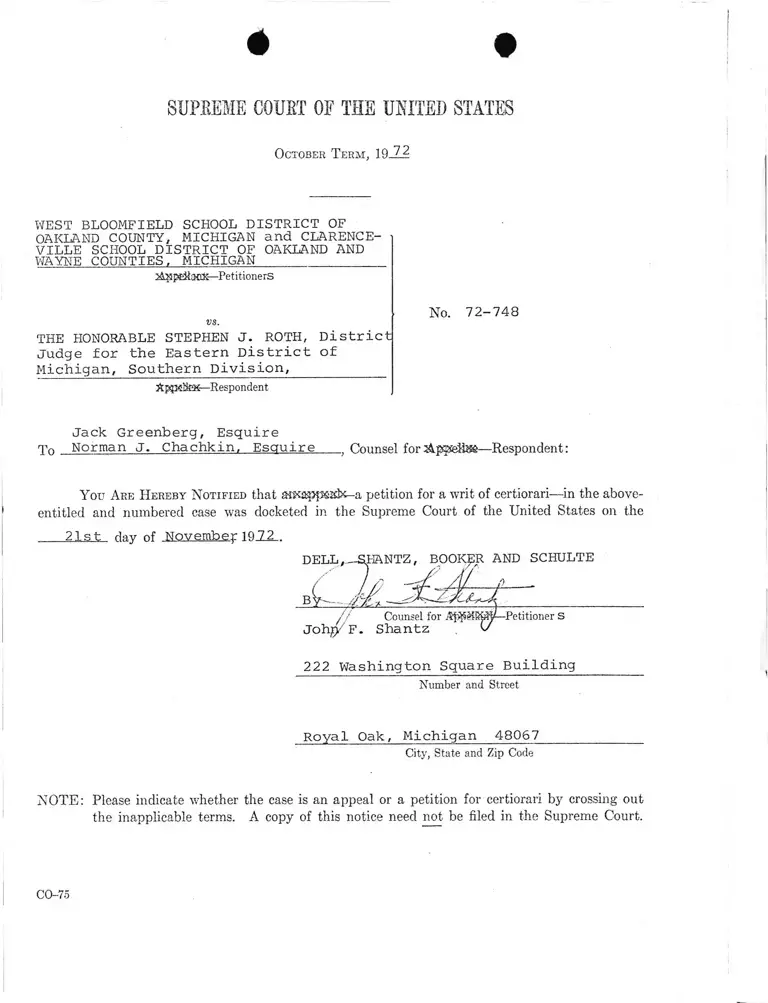 Notice of Submission of Petition for Writ of Certiorari to Supreme Court preview