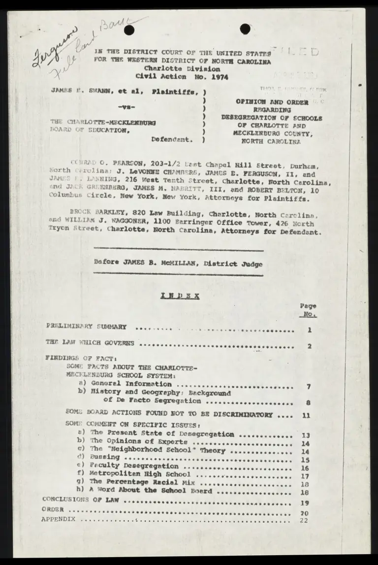 Opinion and Order Regarding Desegregation of Schools of Charlotte and Mecklenburg County, North Carolina preview