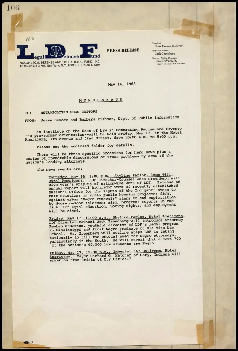 Memorandum Announcing Institute on the Uses of Law in Combatting Racism and Poverty preview