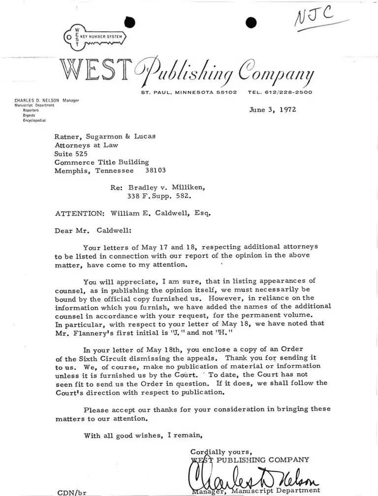 Correspondence from Nelson (West Publishing Company) to Caldwell preview