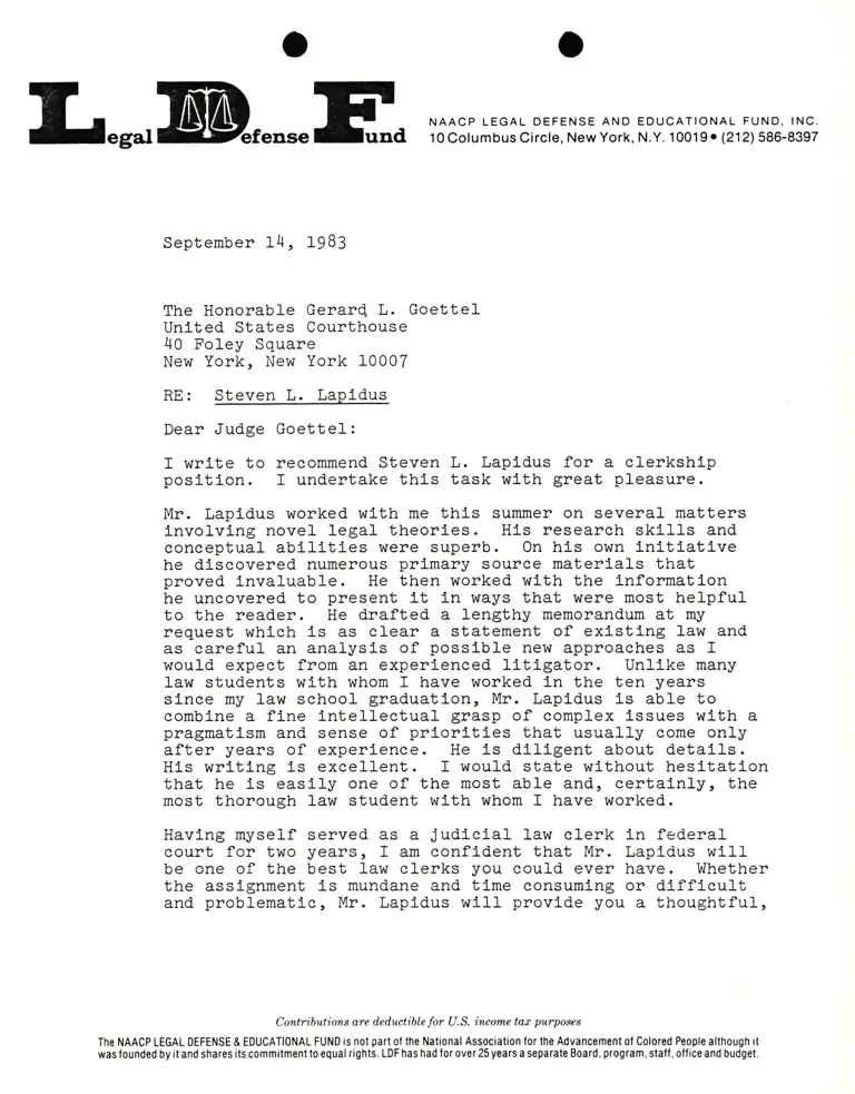 Correspondence from Lani Guinier to Judge Gerard L. Goettel Re: Steve L. Lapidus Recommendation for Clerkship preview