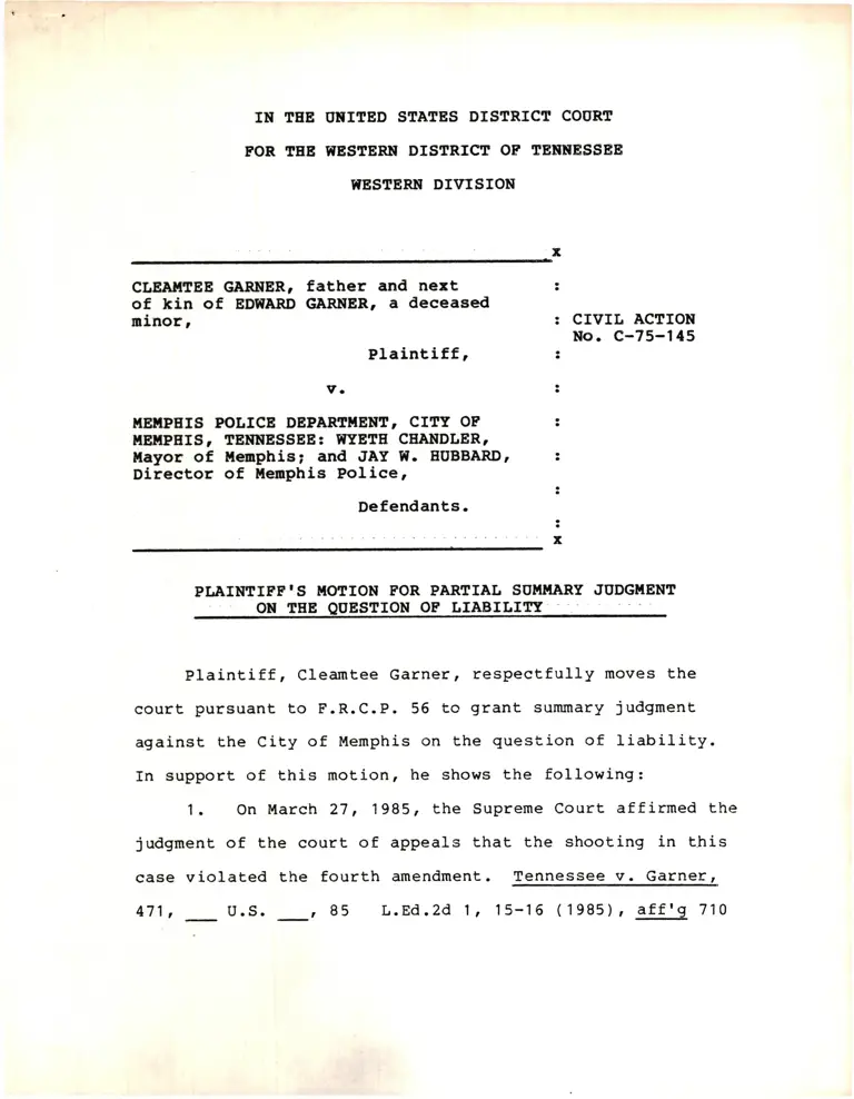 Plaintiff's Motion for Partial Summary Judgment on the Question of Liability preview