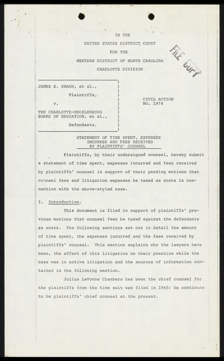 Incomplete Statement of Time Spent, Expenses Incurred and Fees Received by Plaintiffs' Counsel preview