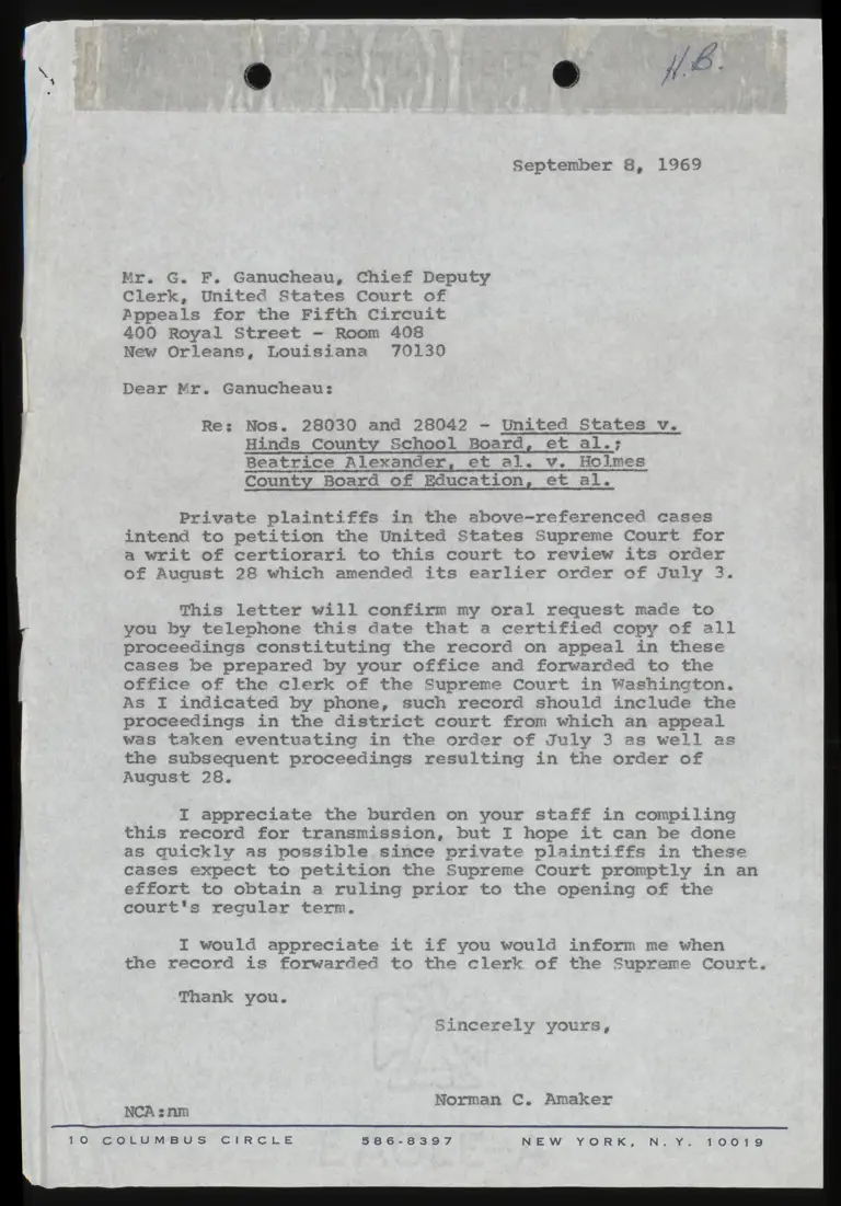 Letter from Amaker to Court RE: Petition for Writ of Certiorari preview