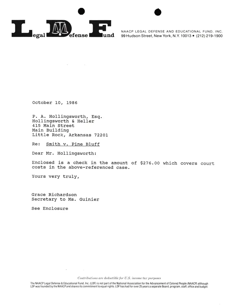 Correspondence from Grace Richardson to P.A. Hollingsworth, Esq. Re: Smith v. Pine Bluff preview