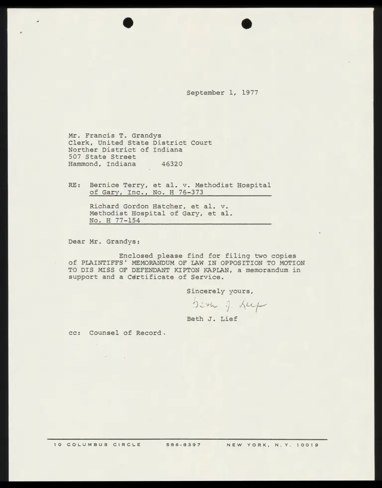 Correspondence from Lief to Clerk Re: Plaintiffs' Memorandum of Law preview