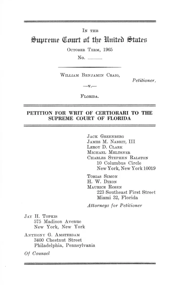 Craig v. Florida Petition for Writ of Certiorari to the Supreme Court of Florida preview