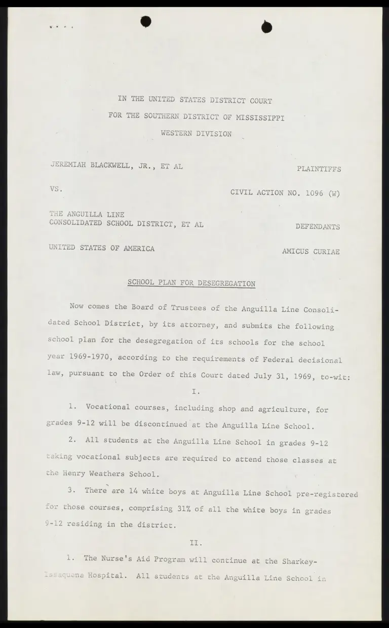 Anguilla Line Consolidated School District Desegregation Plan preview