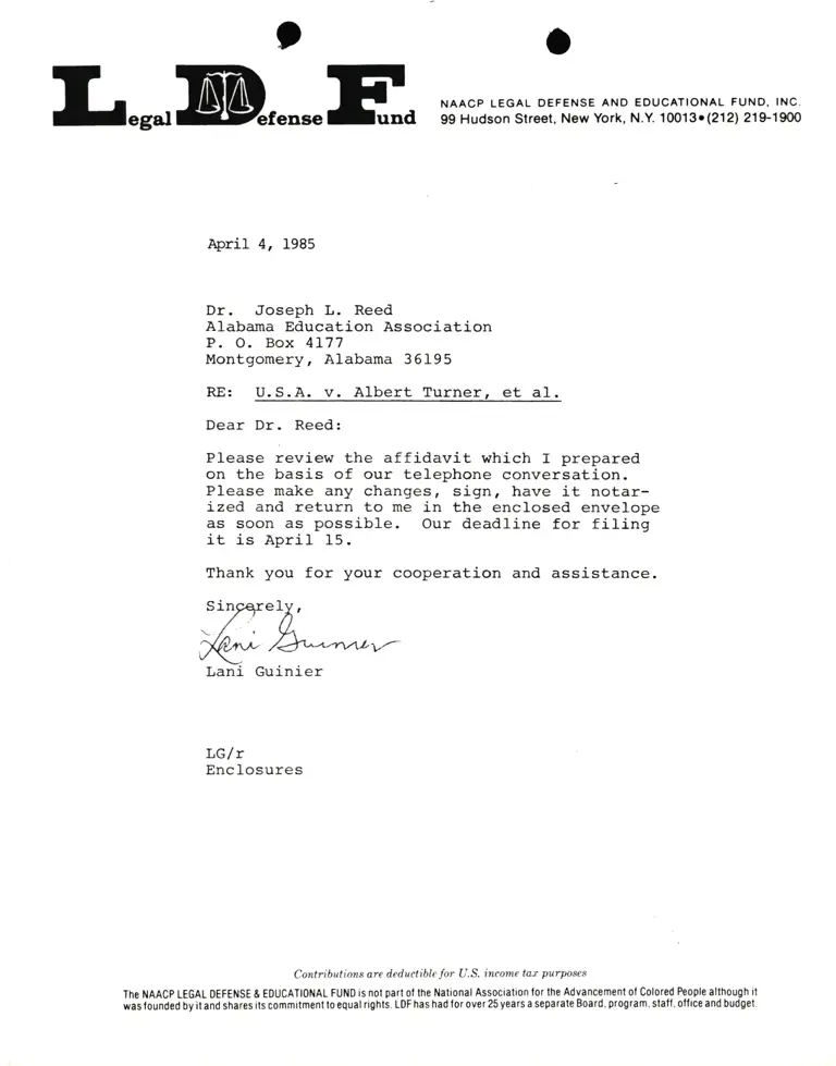 Correspondence from Lani Guinier to Joseph L. Reed (Alabama Education Association) Re: United States v. Turner preview