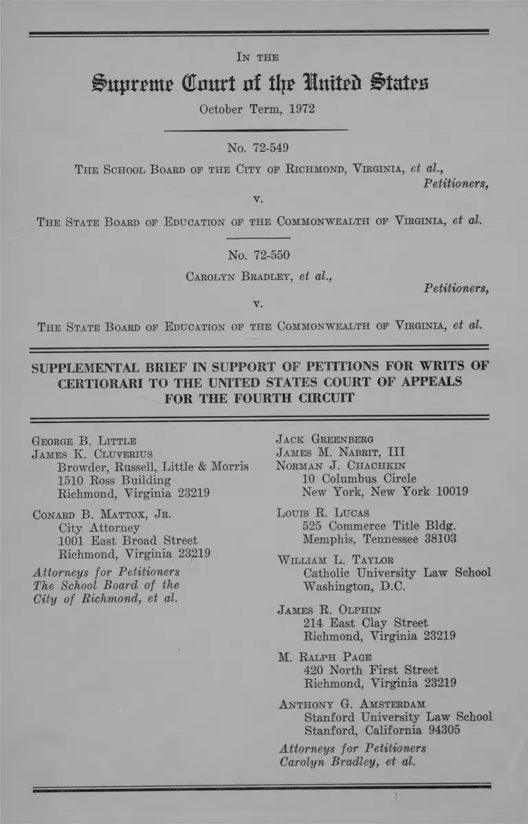Richmond Virginia School Board v Virginia Board of Education Supplemental Brief in Support of Petitions for Writs of Certiorari preview
