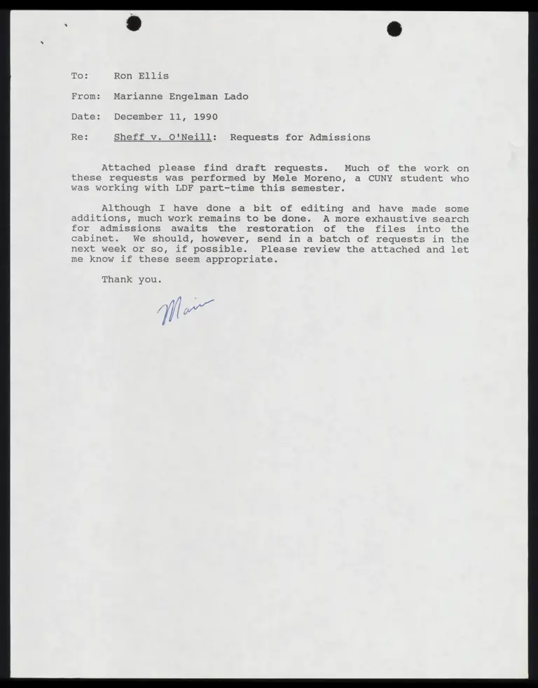 Memo from Lado to Ellis with Draft Requests for Admissions preview