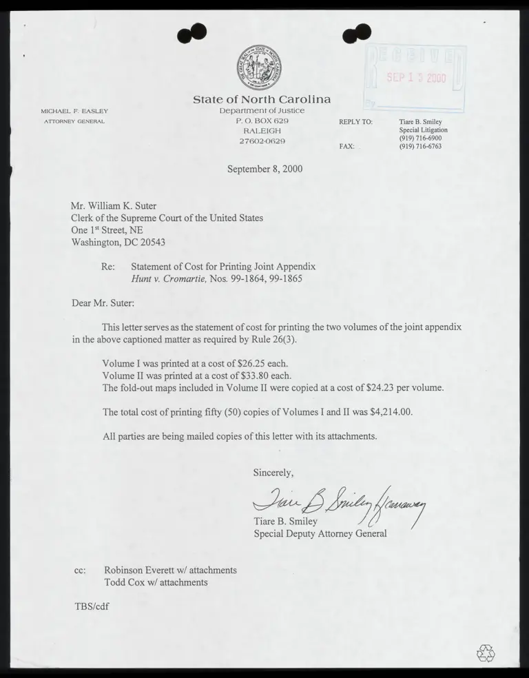 Correspondence from Smiley to Clerk Re: Statement of Cost for Printing Joint Appendix preview
