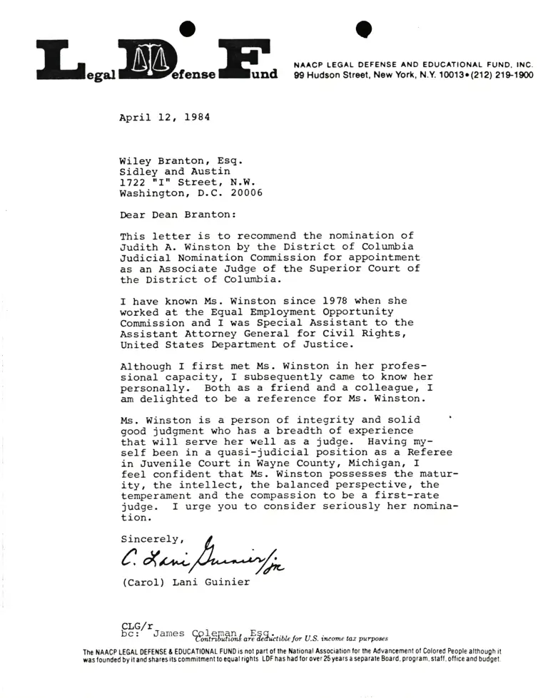 Letter from Lani Guinier to Wiley Branton Esq. RE: Judicial Nomination of Judith A. Winston preview