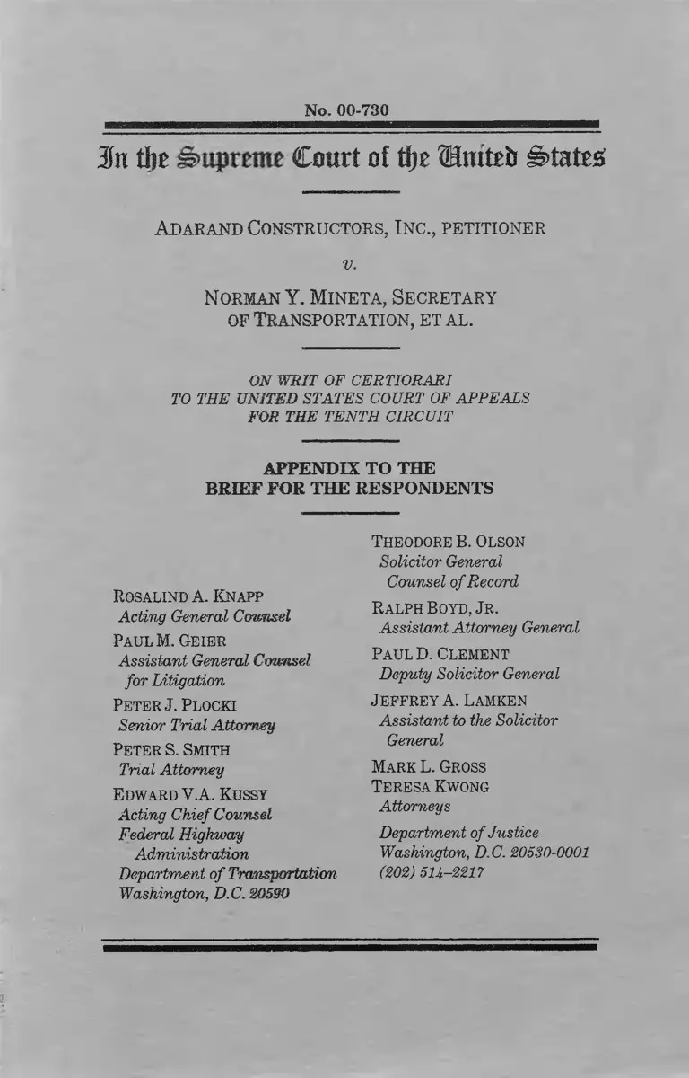 Adarand Constructors v. Mineta Appendix to the Brief for the Respondents preview