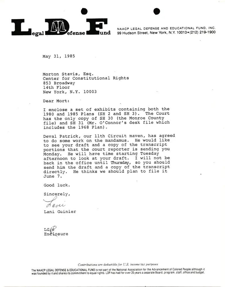 Correspondence from Lani Guinier to Morton Stavis, Esq. (Center for Constitutional Rights) preview