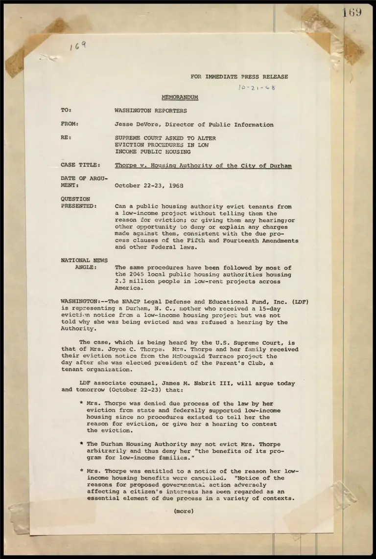 Memorandum on Thorpe v. Housing Authority of the City of Durham preview