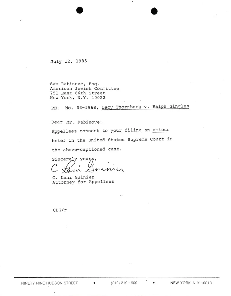 Correspondence from Lani Guinier to Sam Rabinove, Esq. Re Thornburg v. Gingles Amicus Brief preview