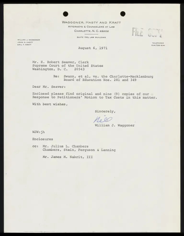 Correspondence from Waggoner to Clerk Re: Response to Petitioners' Motion to Tax Costs preview