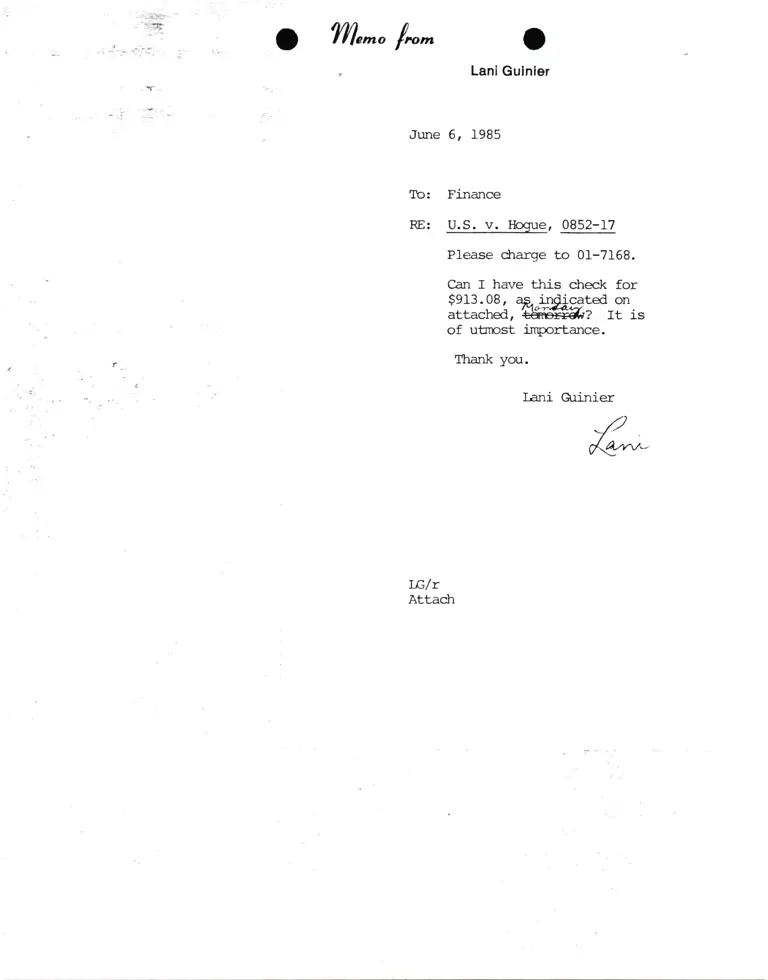 Memorandum from Lani Guinier to Finance Re: United States v. Hogue preview