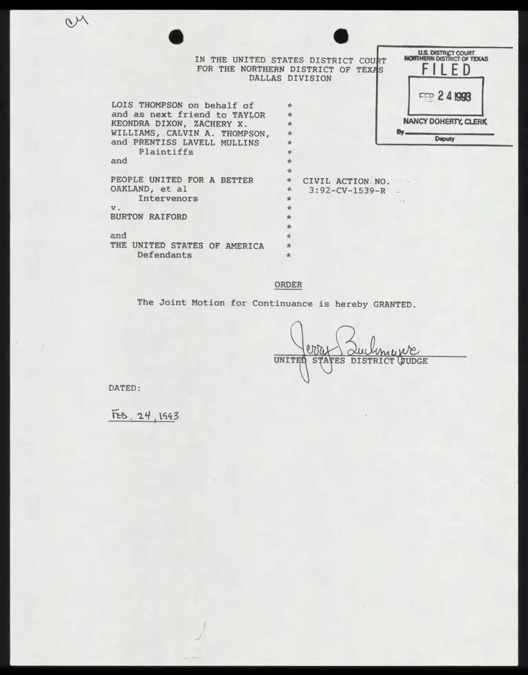 Order RE: Joint Motion for Continuance preview