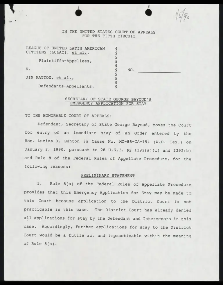 Secretary of State George Bayoud's Emergency Application for Stay; Defendant's Notice of Designation of Independent Counsel preview