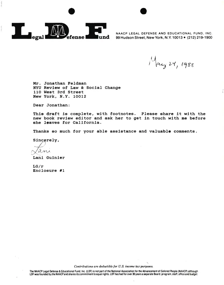 Correspondence from Lani Guinier to Jonathan Feldman (NYU Review of Law and Social Change) preview