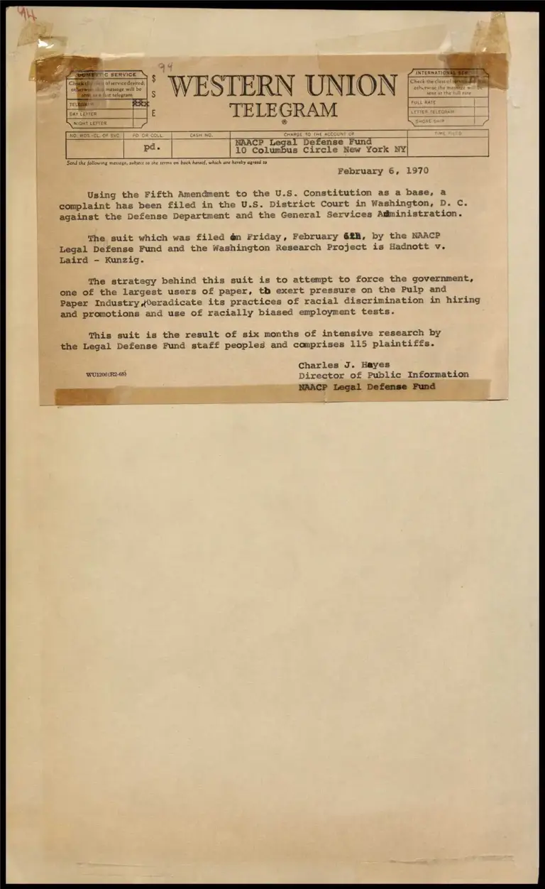Hadnott v. Laird-Kunzig Suit Against Discrimination in the Paper Industry (Telegram) preview