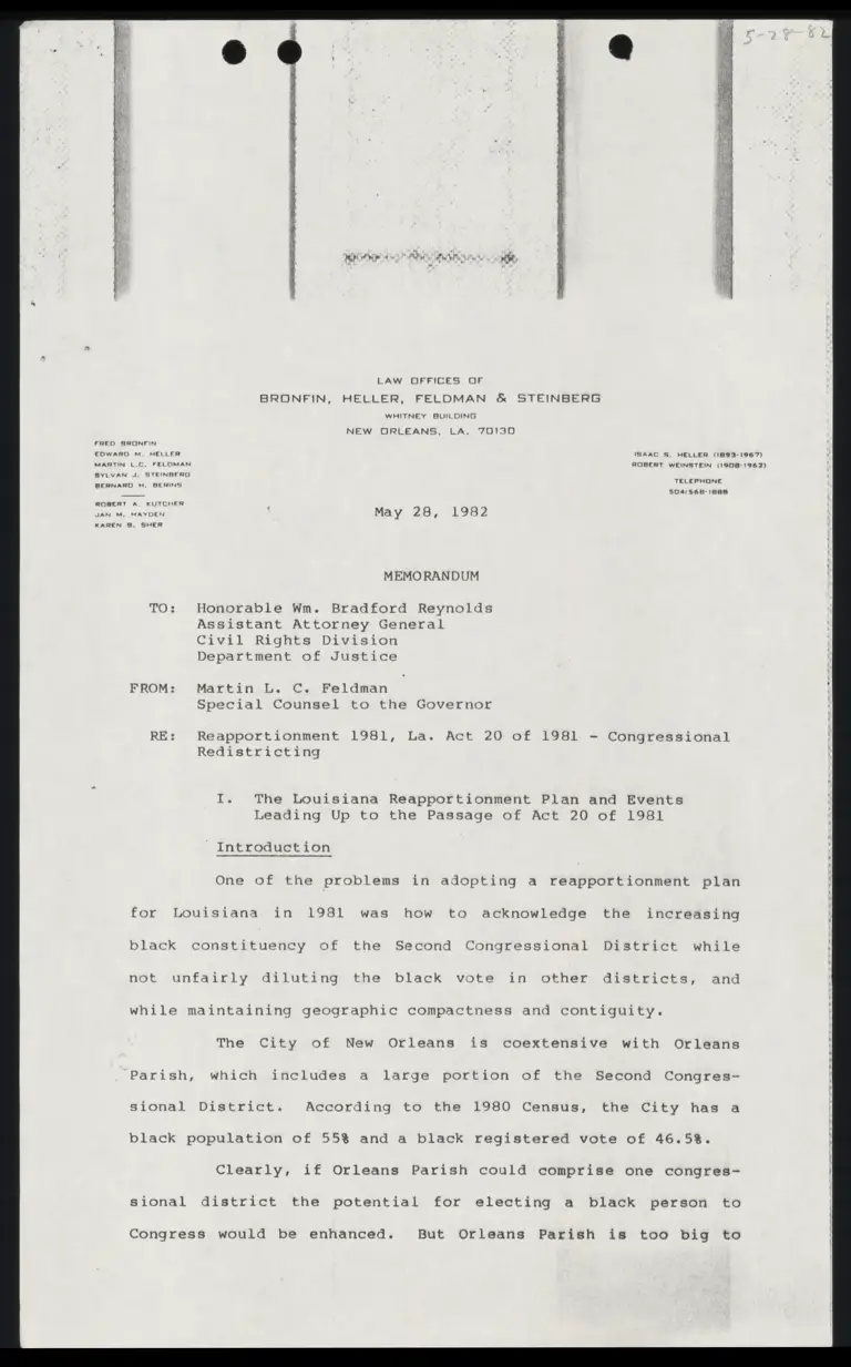 Memo to Hon Bradford Reynolds from Matin Feldman RE Louisiana Reapportionment preview