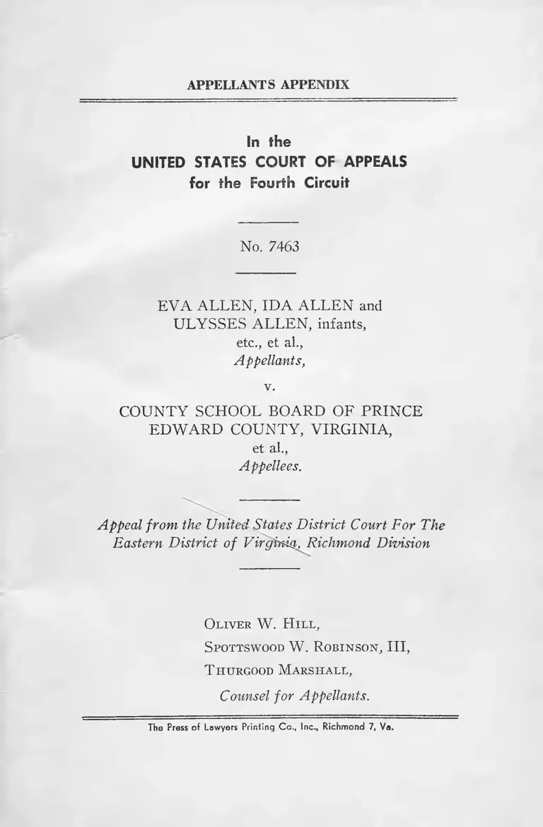 Allen v. County School Board of Prince Edward County Appellants Appendix preview