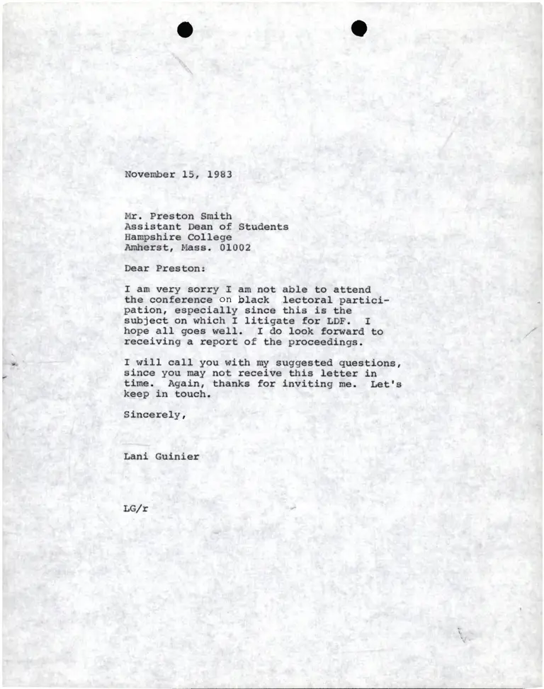 Correspondence from Lani Guinier to Preston Smith (Assistant Dean, Hampshire College) preview