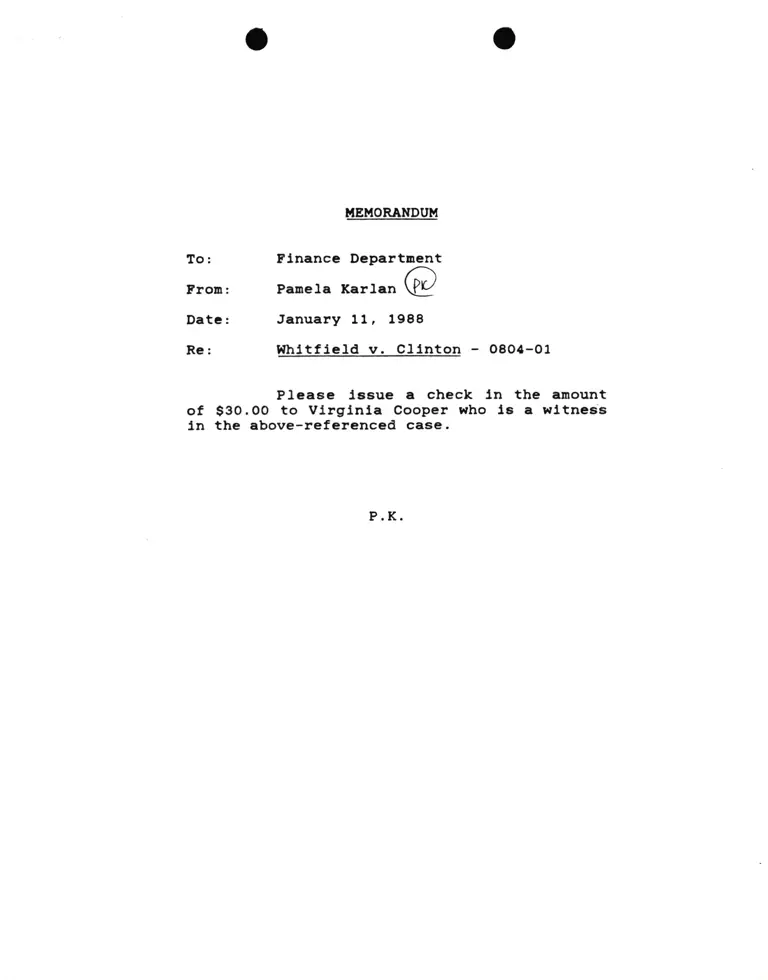 Memorandum from Pamela Karlan to Finance Department Re Whitfield v. Clinton preview