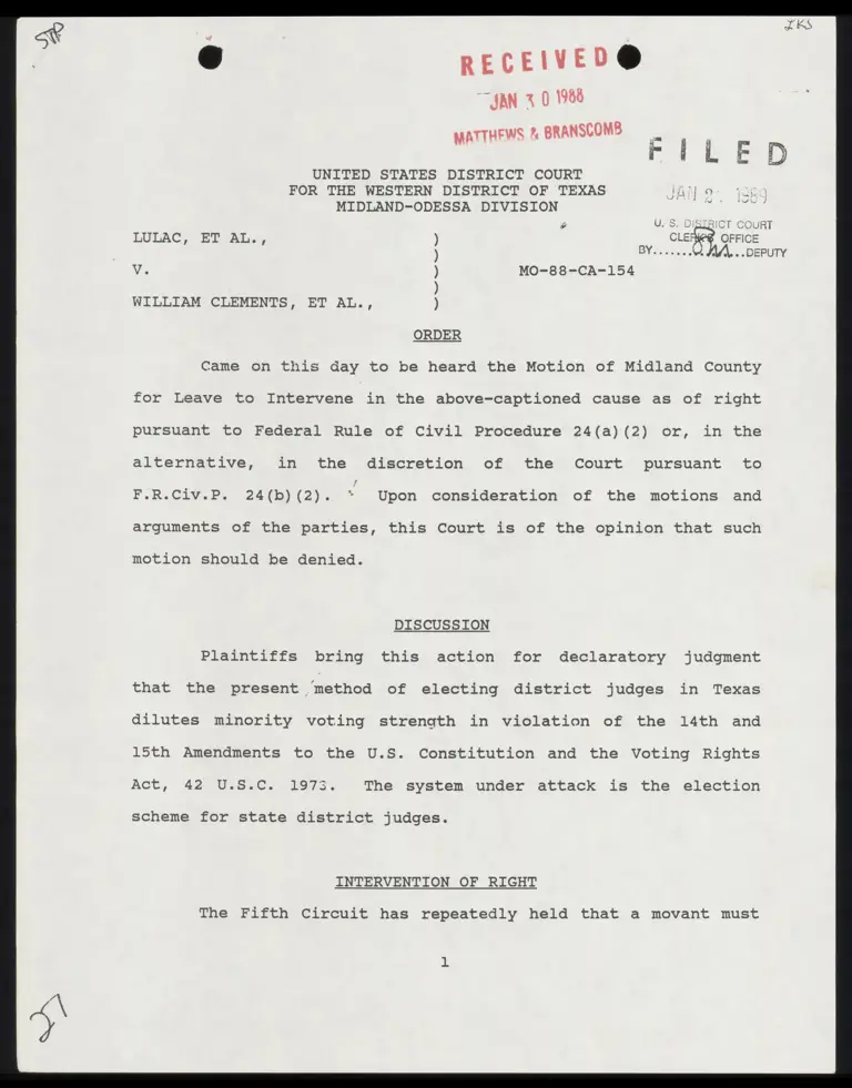 Order Denying Midland County Motion for Leave to Intervene preview