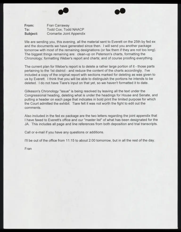 Correspondence from Carraway to Cox Re: Joint Appendix; from Carraway to Neyhart; Annotated Draft Joint Appendix preview