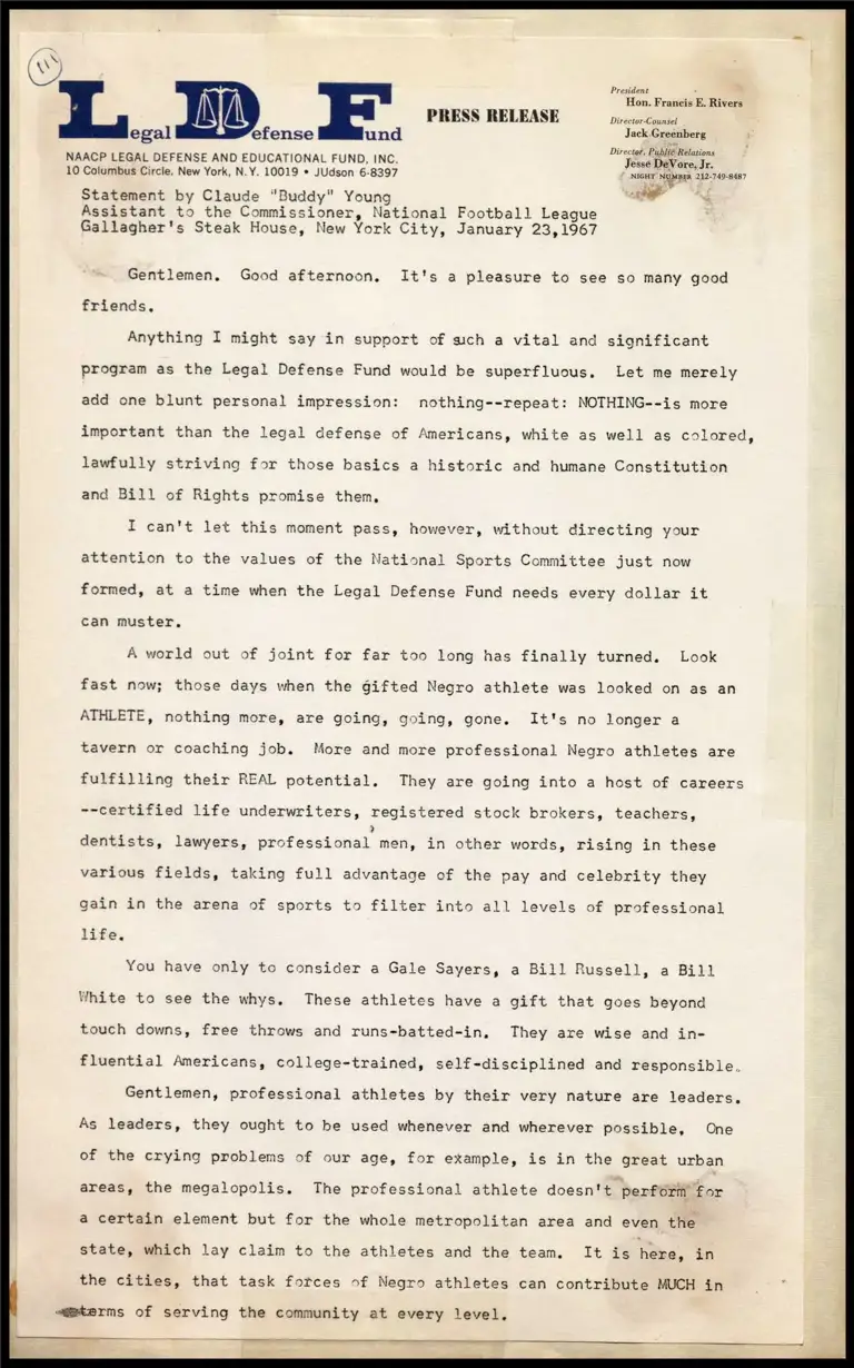Statement by Claude "Buddy" Young on National Sports Committee preview