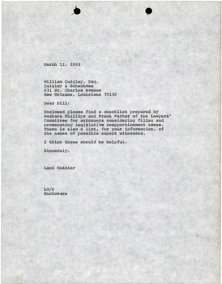 Letter from Lani Guinier to William Quigley Esq. RE: Filing Legislative Reapportionment Cases preview