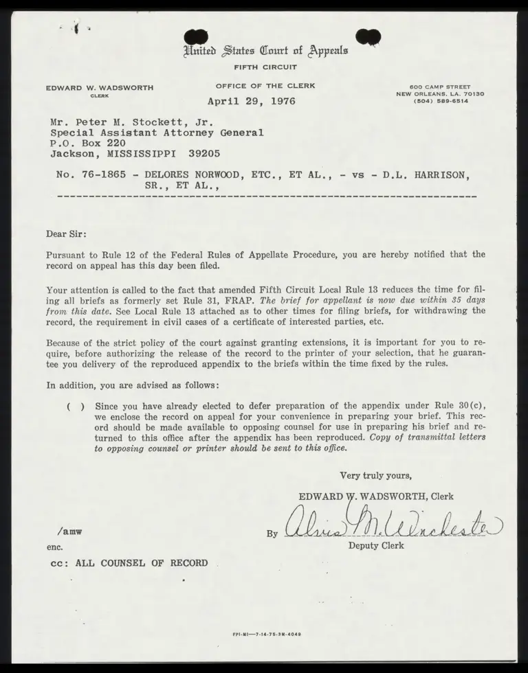 Correspondence from Clerk to Stockett Re: Rule 12 FRAP preview