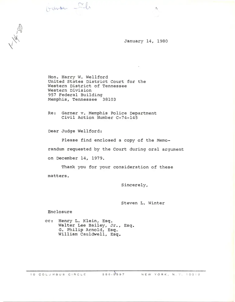 Correspondence from Winter to Judge Wellford Re: Memorandum preview
