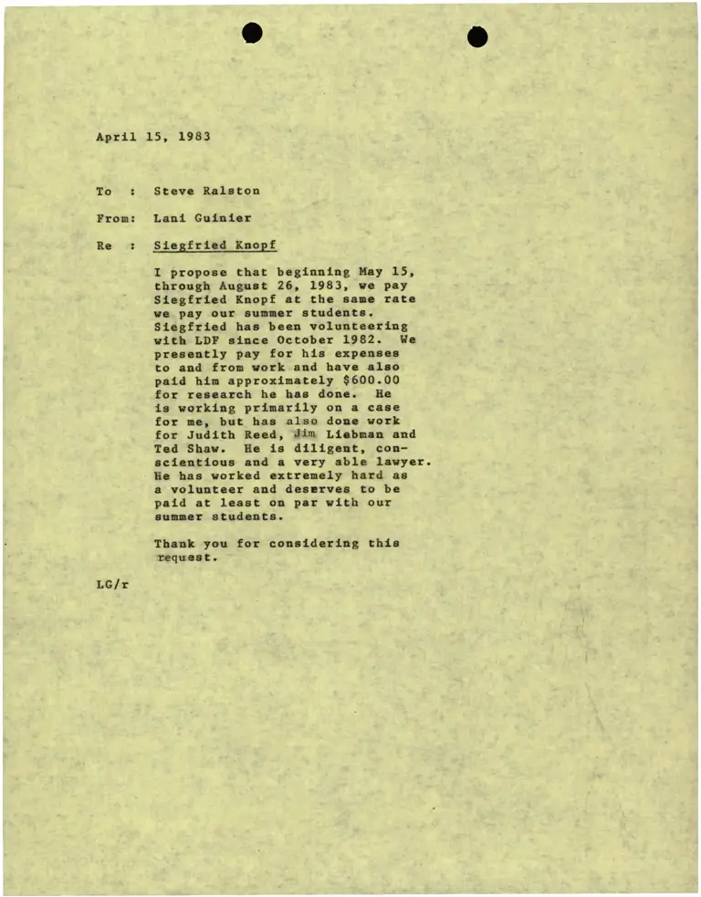 Correspondence from Lani Guinier to Steve Ralston Re: Siegfried Knopf preview