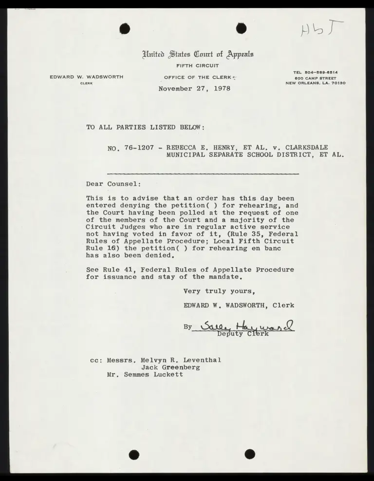 Correspondence from Clerk to Counsel Re: Order Denying Petition for Rehearing preview