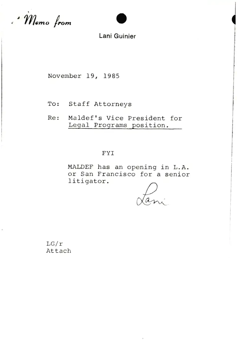 Memorandum from Lani Guinier to Staff Attorneys Re Maldef's Vice President for Legal Programs Position preview