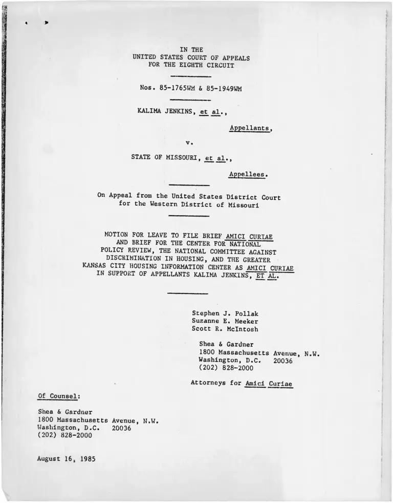 Jenkins v. Missouri Motion for Leave to File Brief Amici Curiae and Brief Amici Curiae in Support of Appellants preview