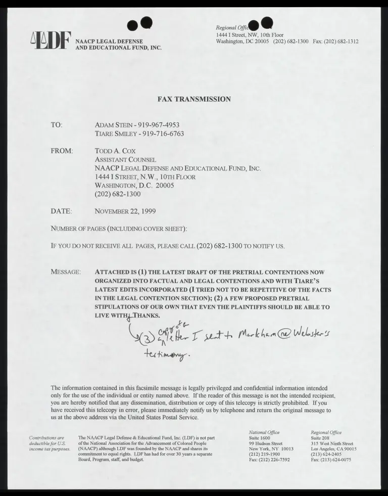 Fax to Stein and Smiley RE: Draft of pretrial contentions; proposed pretrial stipulations and letter to Markham re: Webster’s testimony preview