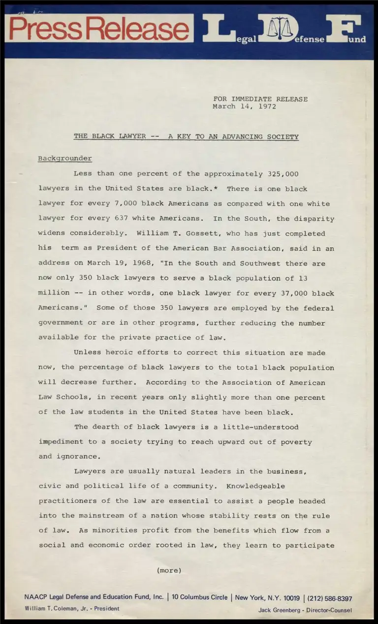 The Black Lawyer -- A Key to an Advancing Society preview