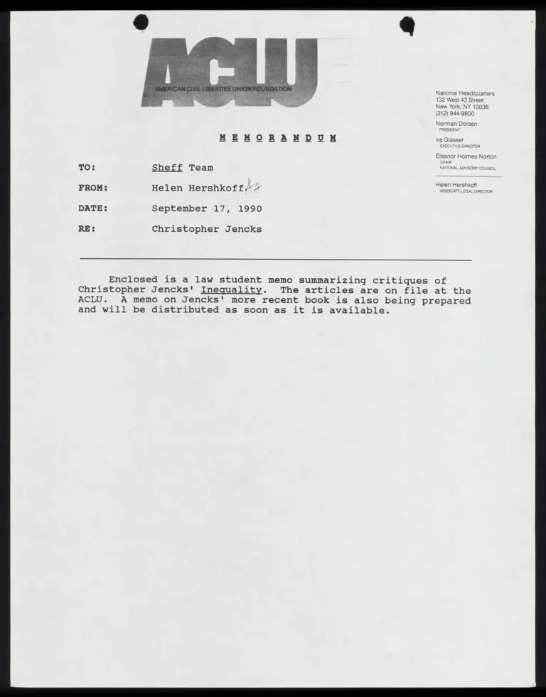 Memo from Hershkoff to Counsel Re: Jencks Memo; from Lado to Chambers Re: Attorneys Fees preview