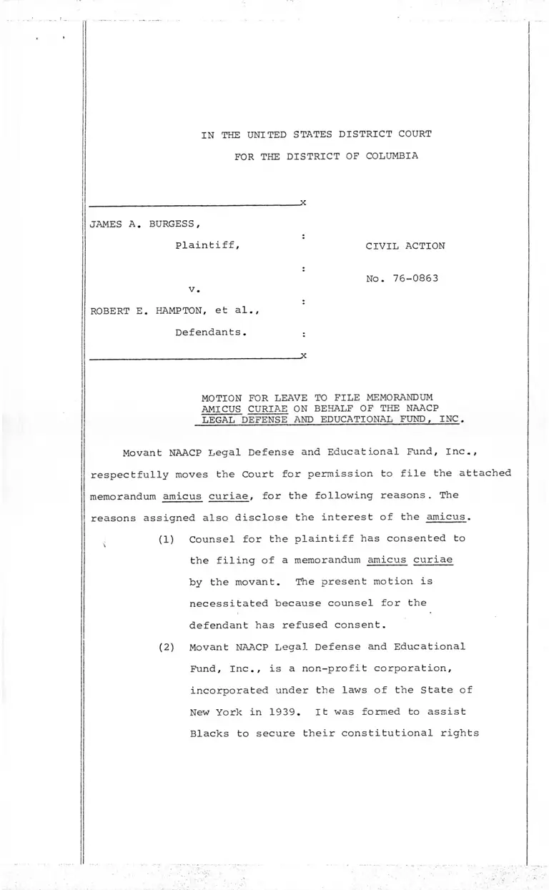Burgess v Hampton Motion for Leave to File Memorandum Amicus Curiae preview