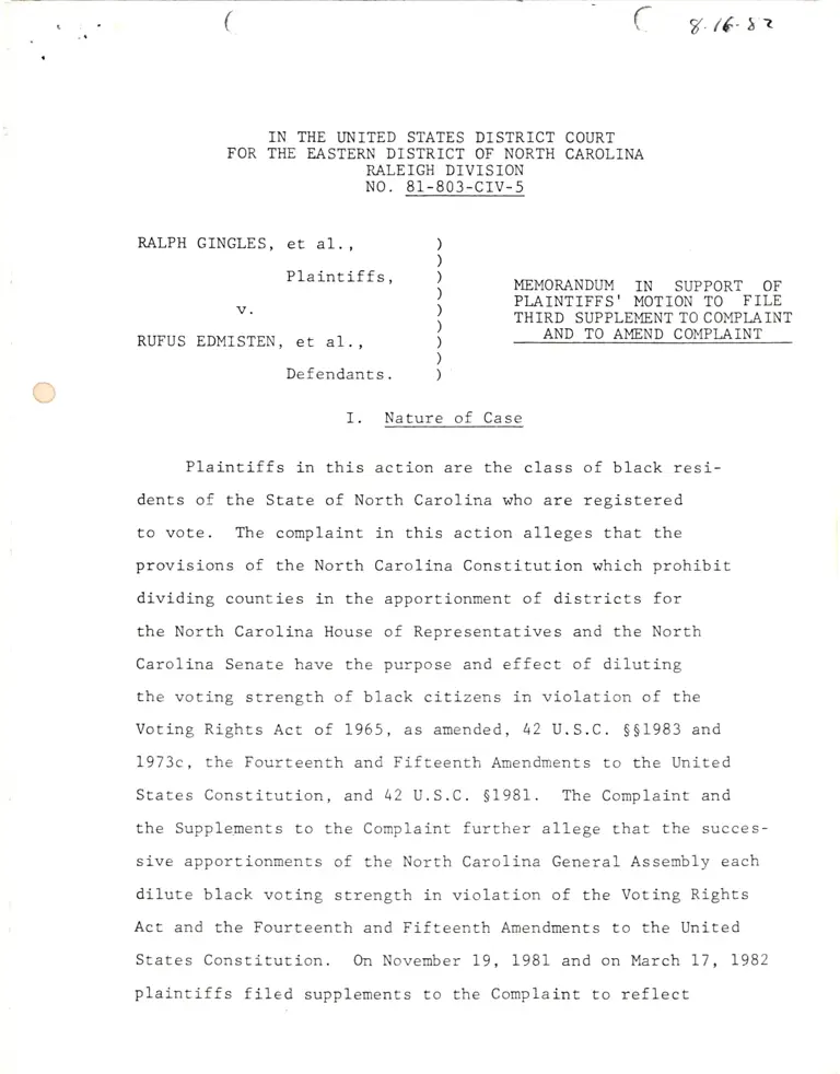 Memorandum in Support of Plaintiffs' Motion to File Third Supplement to Complaint and to Amend Complaint; Correspondence from Winner to The Named Plaintiffs and Class Member Witnesses in Gingles v. Edmisten (Thornburg v. Gingles) preview